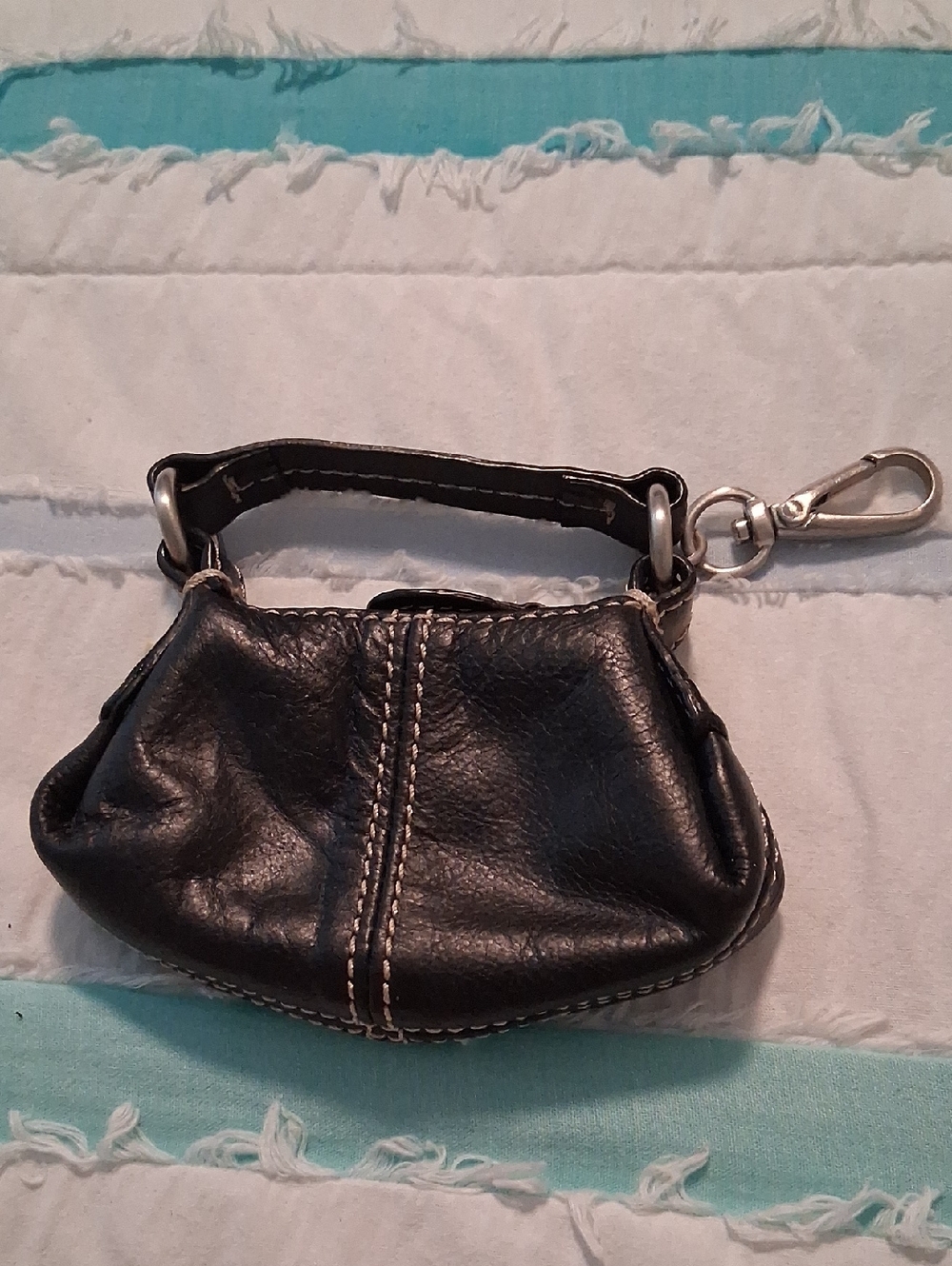 Black Leather Mini Wristlet Key Pouch - Unbranded